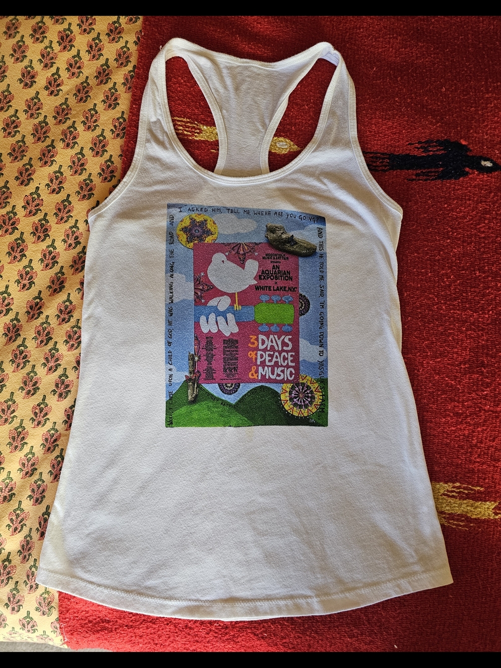 White Cotton Woodstock "3 Days of Peace & Music" Graphic Racerback Tank S